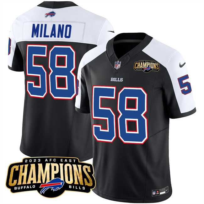 Men & Women & Youth Buffalo Bills #58 Matt Milano Black White 2023 F.U.S.E. AFC East Champions With 4-star C Ptach Stitched Jersey,We sell and wholesale Men & Women & Youth Buffalo Bills #58 Matt Milano Black White 2023 F.U.S.E. AFC East Champions With 4-star C Ptach Stitched Jersey on line form chian!